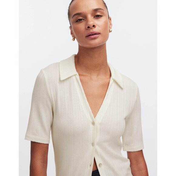 Madewell Cutaway Hem Polo Top Women XXS  Creme Fraiche Ivory SS Ribbed Button-Up - Picture 3 of 16